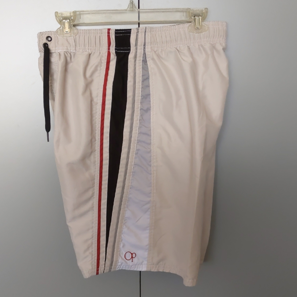 OP Ocean Pacific Men's Medium Swim Trunks - Cream with Red and Black Stripes